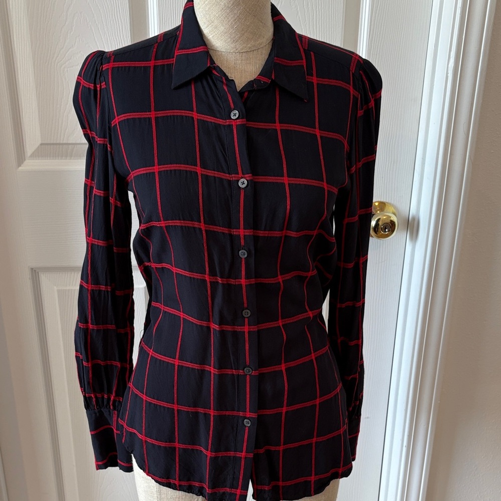 Loft Classic Black & Red Windowpane Button-Down Women's Top
